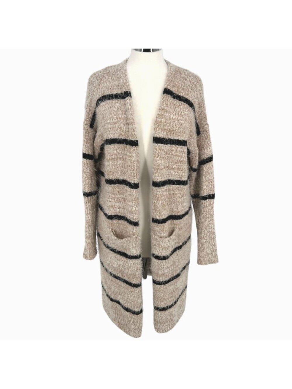 Hyfve Striped Long Textured Cardigan Sweater Beige Black Size Medium